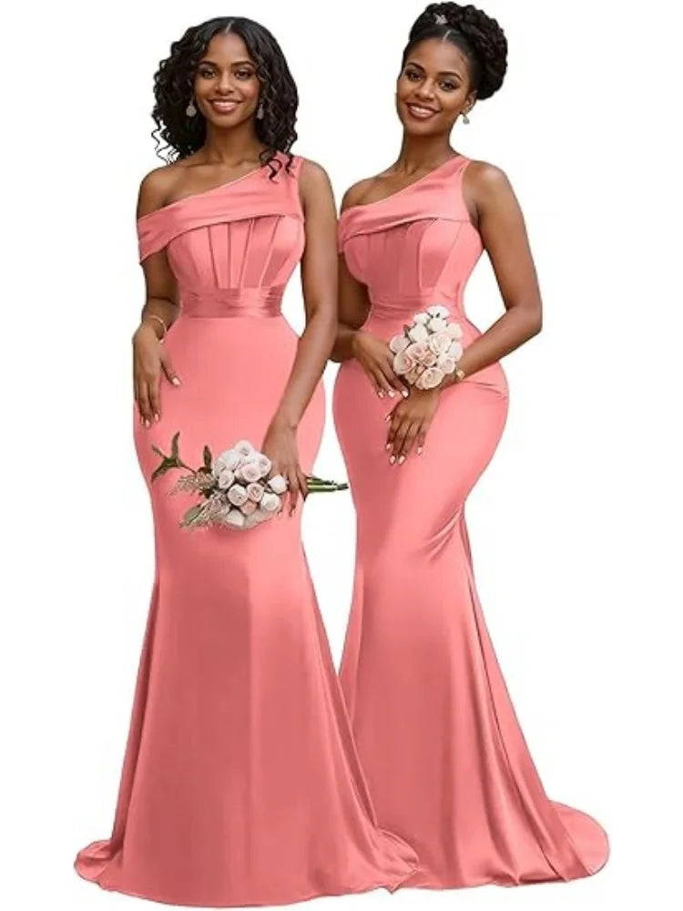 Mermaid One Shoulder Bridesmaid Dresses for Women Satin Long Corset Prom Dresses Formal Evening Gown