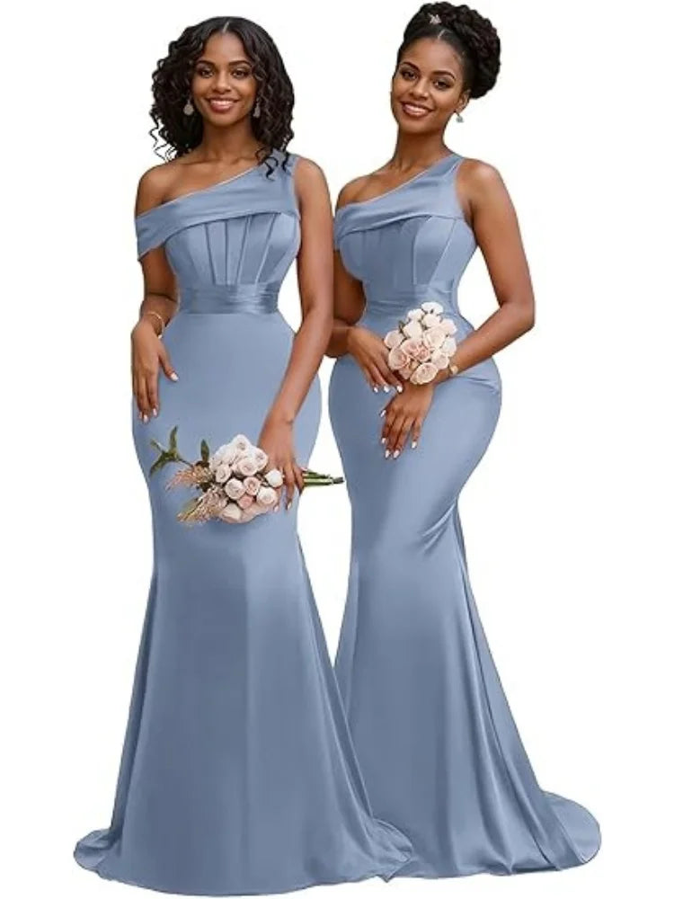 Mermaid One Shoulder Bridesmaid Dresses for Women Satin Long Corset Prom Dresses Formal Evening Gown