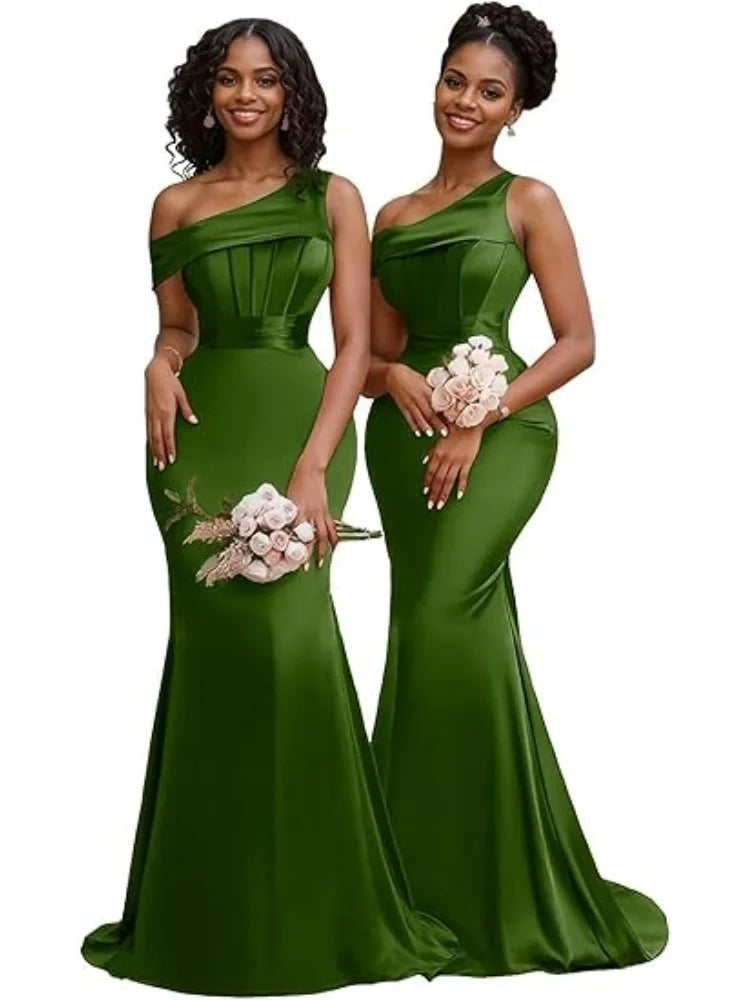 Mermaid One Shoulder Bridesmaid Dresses for Women Satin Long Corset Prom Dresses Formal Evening Gown