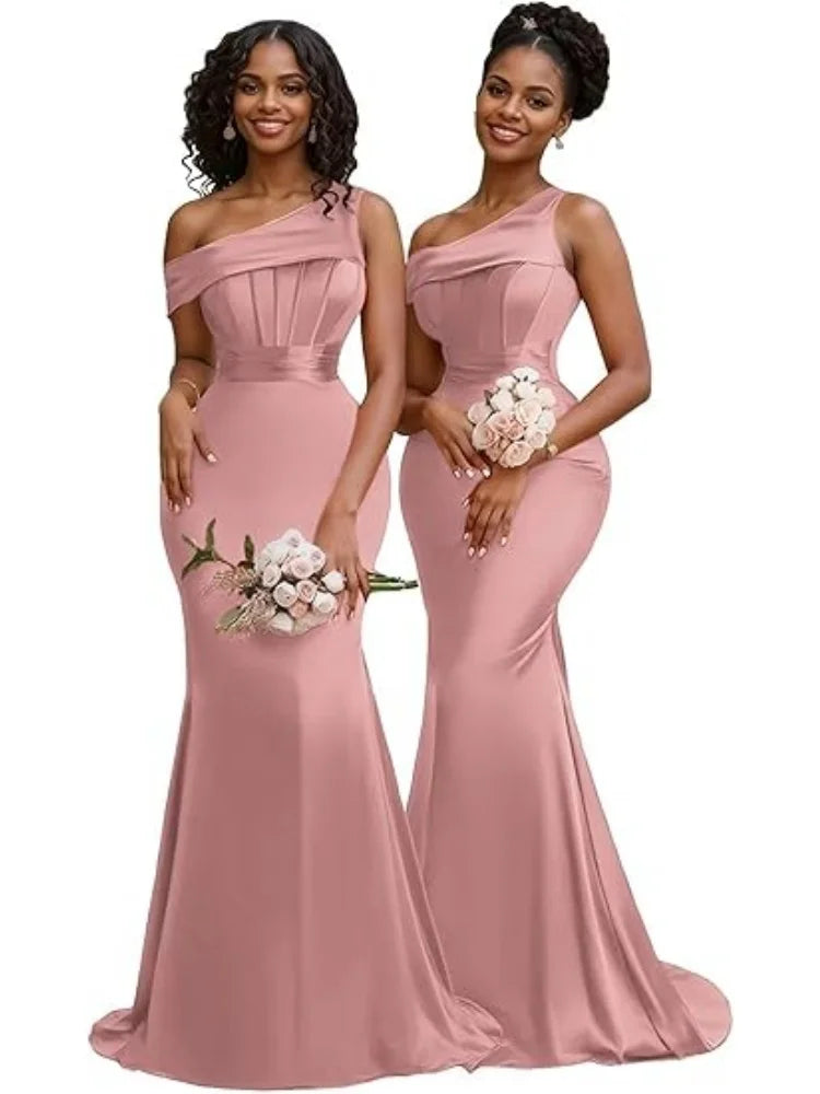 Mermaid One Shoulder Bridesmaid Dresses for Women Satin Long Corset Prom Dresses Formal Evening Gown