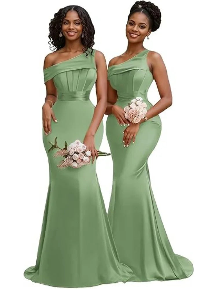 Mermaid One Shoulder Bridesmaid Dresses for Women Satin Long Corset Prom Dresses Formal Evening Gown