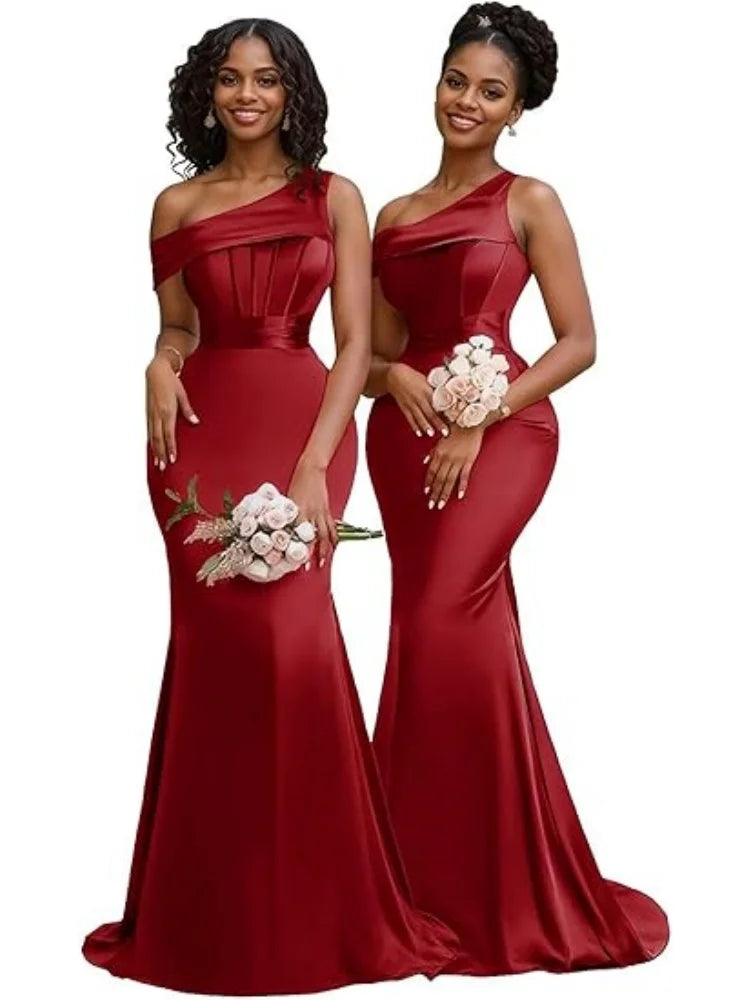 Mermaid One Shoulder Bridesmaid Dresses for Women Satin Long Corset Prom Dresses Formal Evening Gown