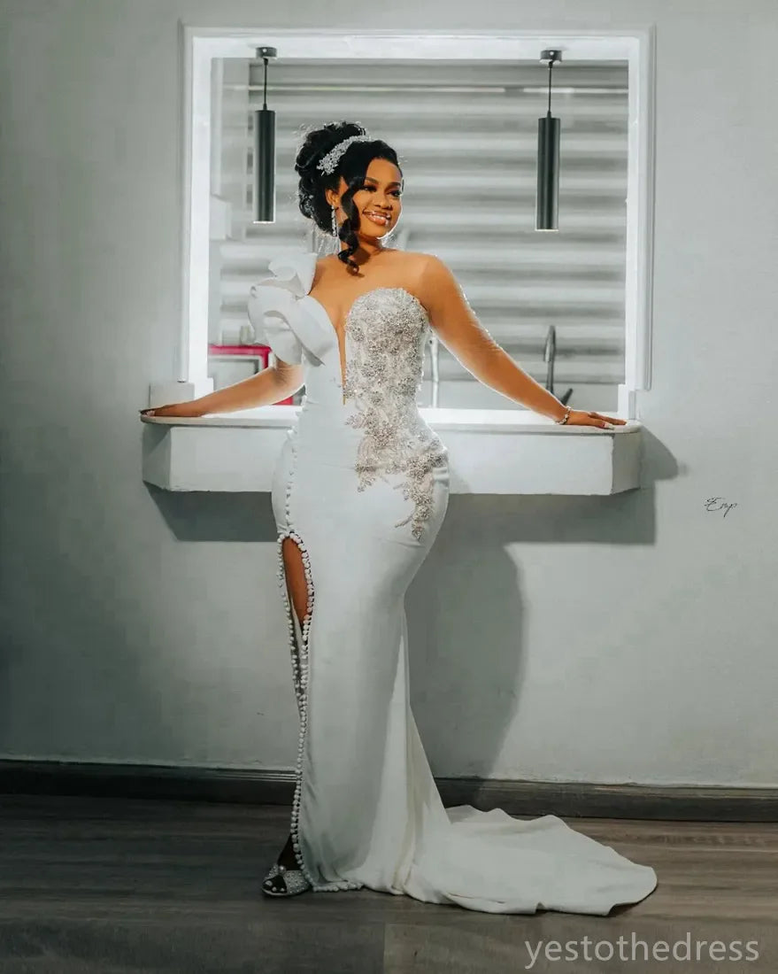 2025 Mermaid Wedding Dress for Bride Illusion Bridal Gowns Sheer Neck Long Sleeves Crystals Wedding Gowns for African Customized