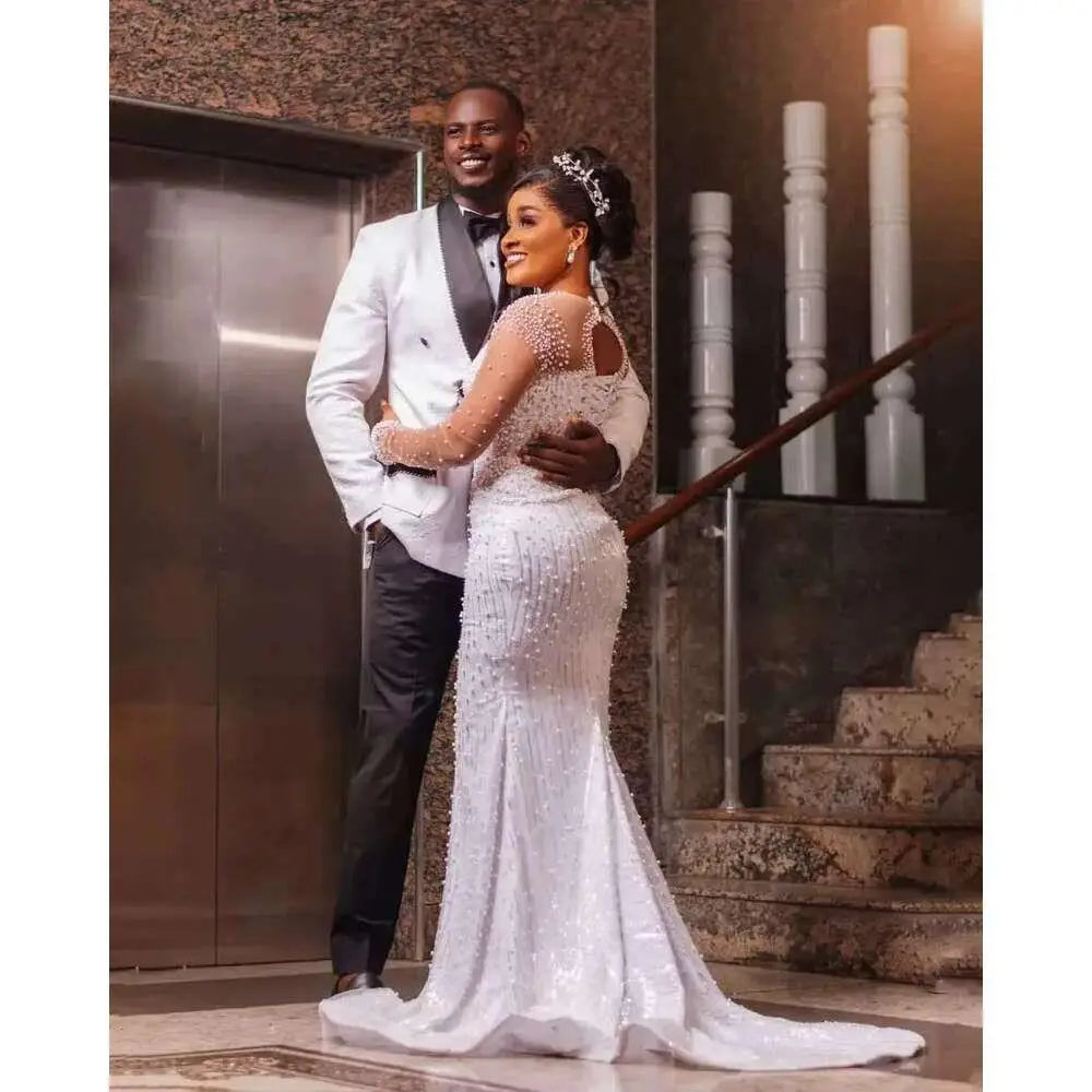 Customized Sparkly Heavy Pearls Beads Wedding Dress Open Back Arabic Bridal Gowns with Tires Ruffles Removable