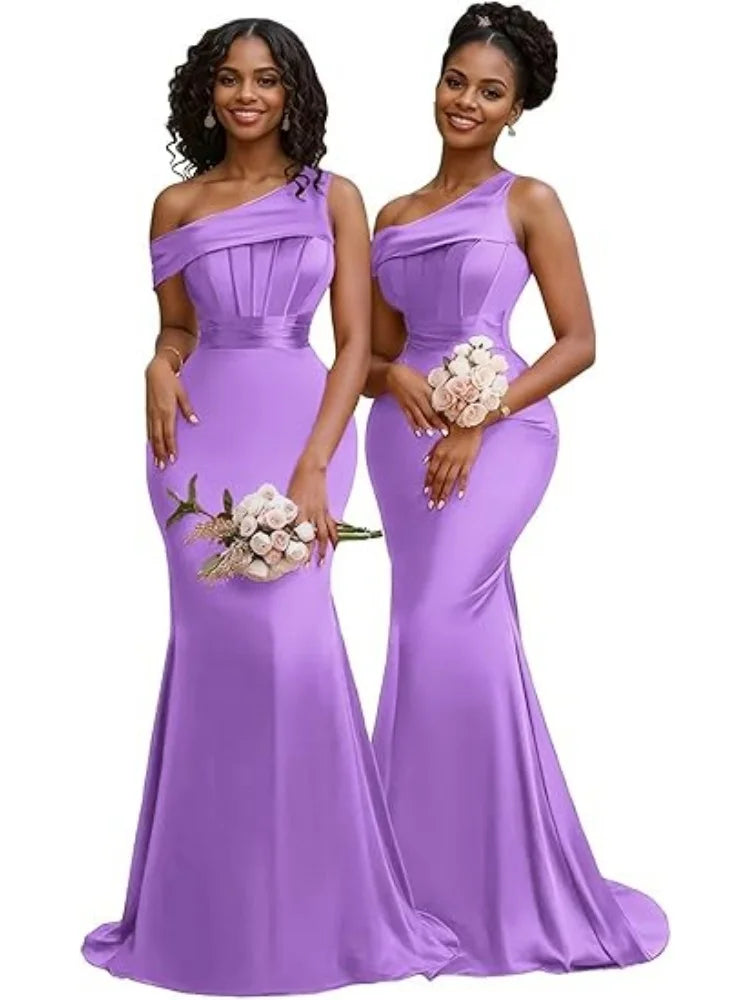 Mermaid One Shoulder Bridesmaid Dresses for Women Satin Long Corset Prom Dresses Formal Evening Gown