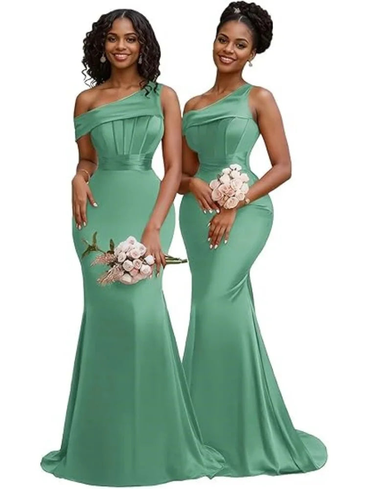 Mermaid One Shoulder Bridesmaid Dresses for Women Satin Long Corset Prom Dresses Formal Evening Gown