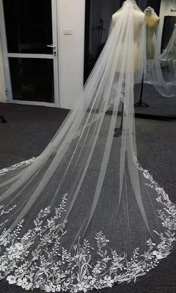 White Ivory Long Bridal Veils Wedding Veil Lace Appliques Soft Net Cathedral Veil velos de novia voile de mariée