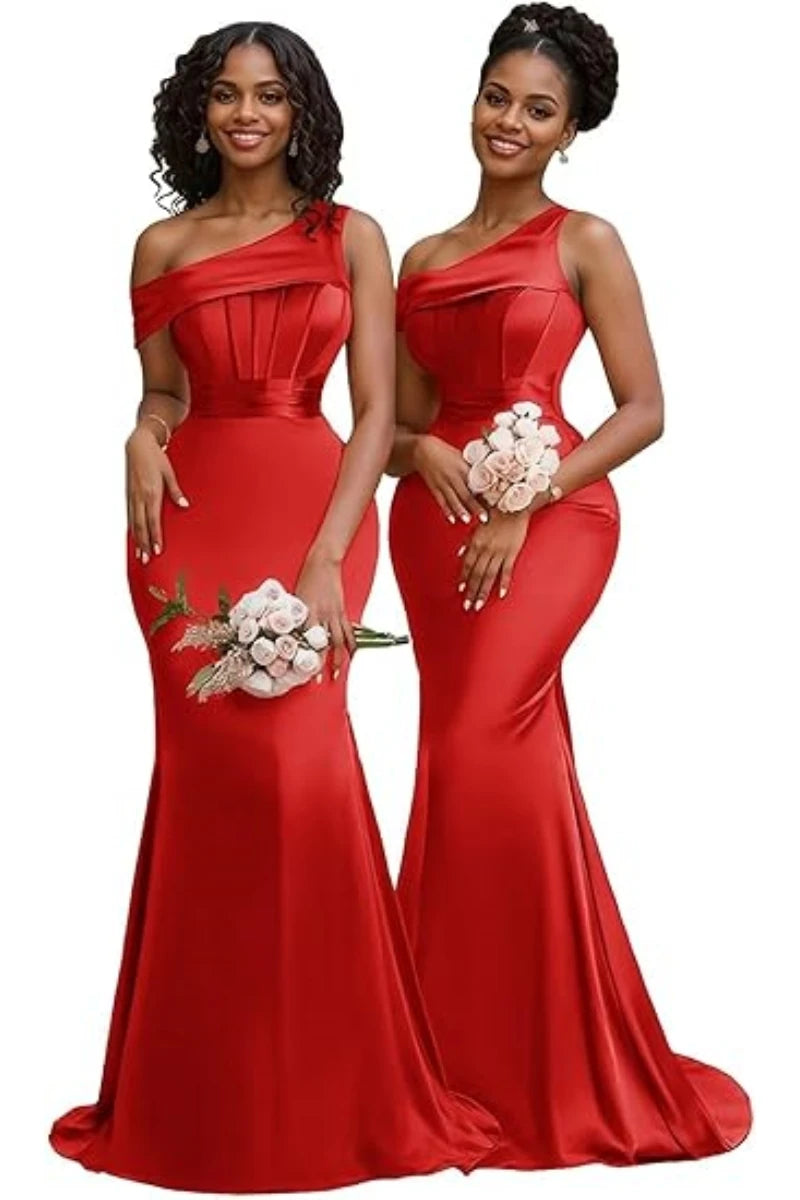 Mermaid One Shoulder Bridesmaid Dresses for Women Satin Long Corset Prom Dresses Formal Evening Gown