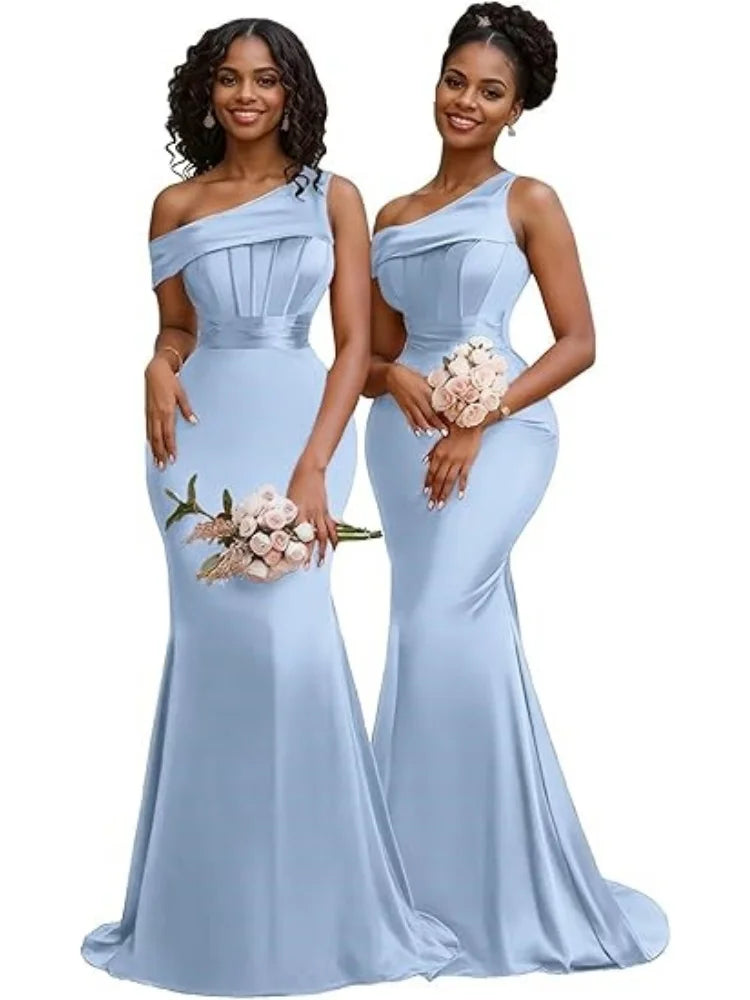 Mermaid One Shoulder Bridesmaid Dresses for Women Satin Long Corset Prom Dresses Formal Evening Gown