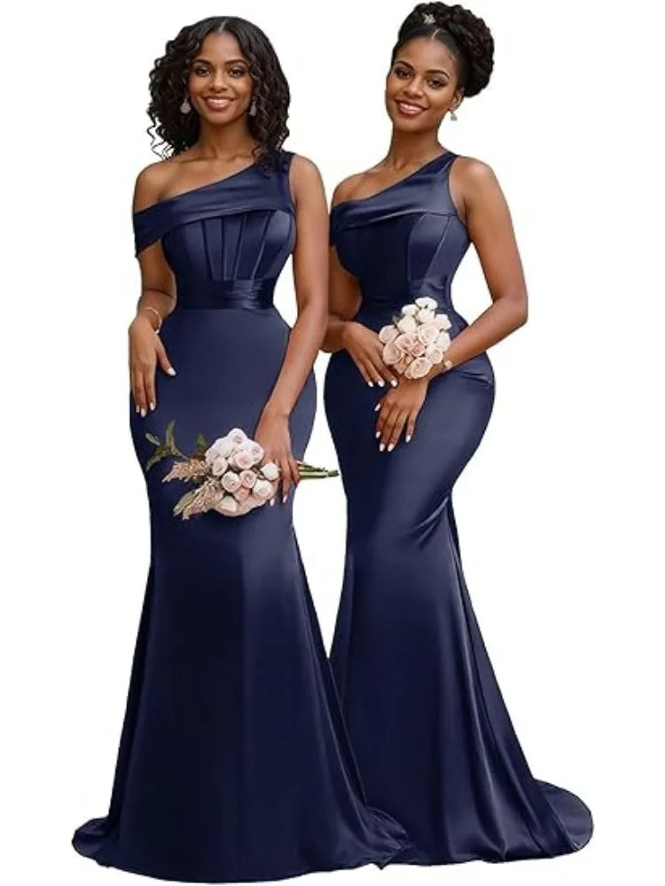 Mermaid One Shoulder Bridesmaid Dresses for Women Satin Long Corset Prom Dresses Formal Evening Gown