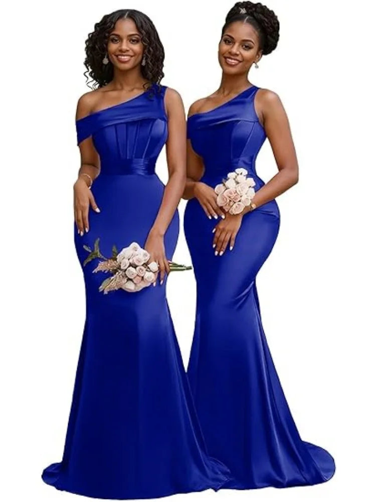 Mermaid One Shoulder Bridesmaid Dresses for Women Satin Long Corset Prom Dresses Formal Evening Gown
