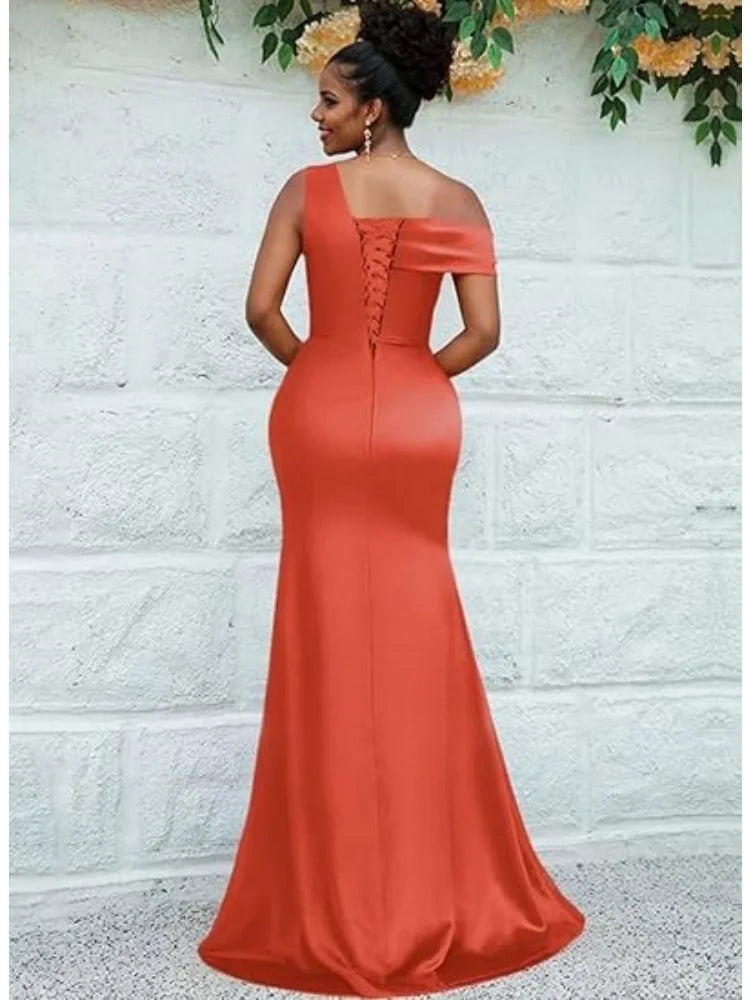 Mermaid One Shoulder Bridesmaid Dresses for Women Satin Long Corset Prom Dresses Formal Evening Gown