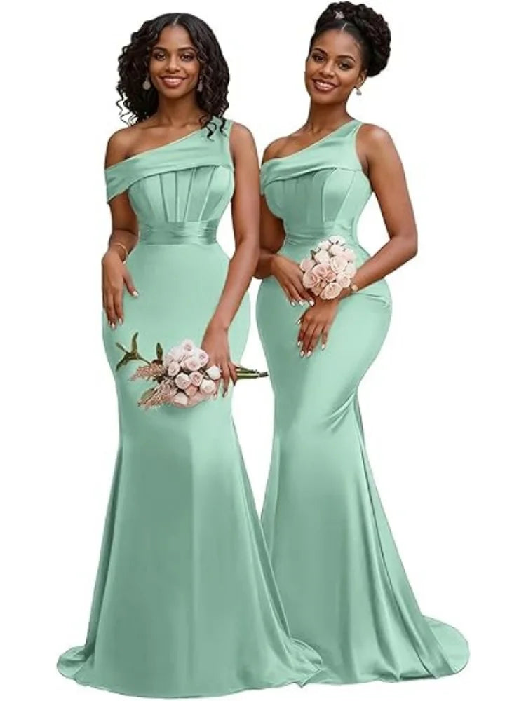 Mermaid One Shoulder Bridesmaid Dresses for Women Satin Long Corset Prom Dresses Formal Evening Gown
