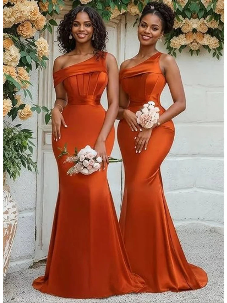 Mermaid One Shoulder Bridesmaid Dresses for Women Satin Long Corset Prom Dresses Formal Evening Gown