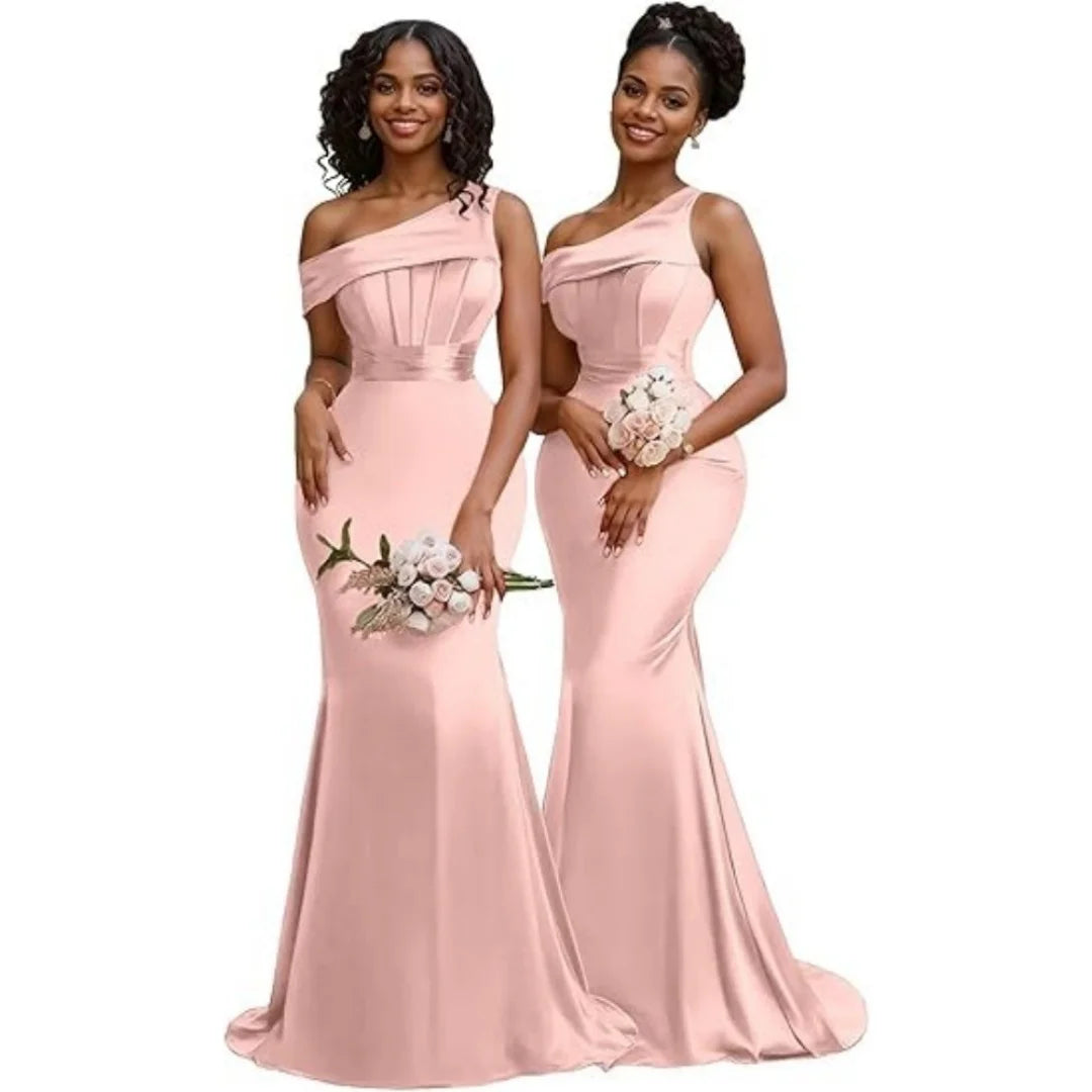 Mermaid One Shoulder Bridesmaid Dresses for Women Satin Long Corset Prom Dresses Formal Evening Gown