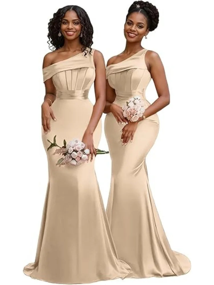 Mermaid One Shoulder Bridesmaid Dresses for Women Satin Long Corset Prom Dresses Formal Evening Gown