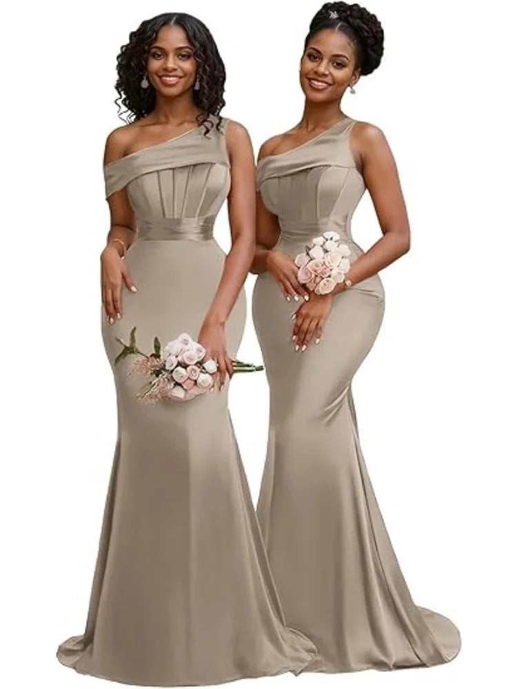 Mermaid One Shoulder Bridesmaid Dresses for Women Satin Long Corset Prom Dresses Formal Evening Gown