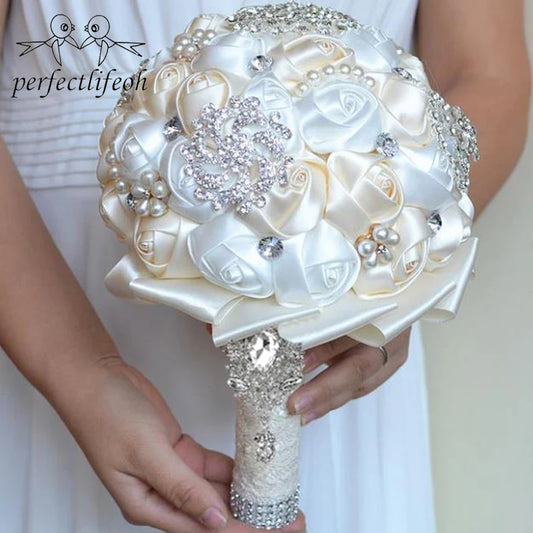 perfectlifeoh Ivory White Bridal Wedding Bouquet de mariage Pearls Bridesmaid Artificial Wedding Bouquets Flower Crystal