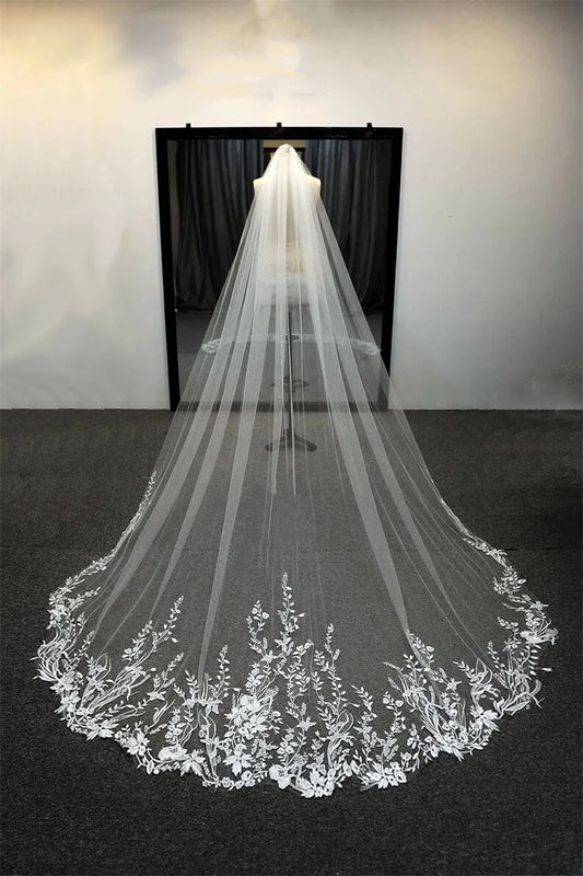 White Ivory Long Bridal Veils Wedding Veil Lace Appliques Soft Net Cathedral Veil velos de novia  voile de mariée