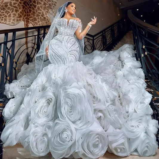 Customized Ebi White Mermaid Wedding Dress Beaded Crystals Lace Detachable Train Bridal Gowns Dresses