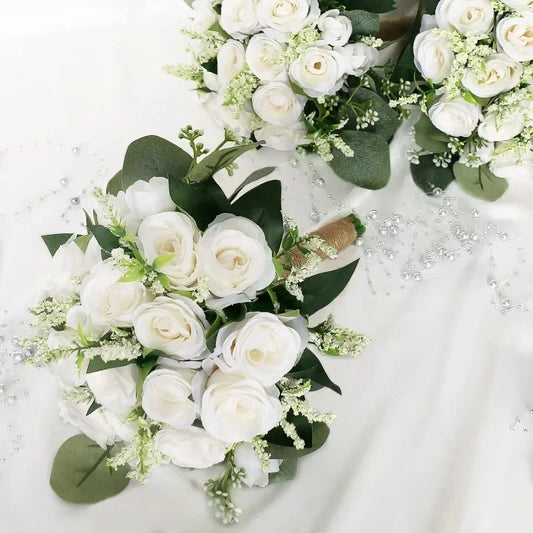 Tool Set of 6 Bridesmaid Bouquets for Wedding - 7 Inch Artificial Ivory Flower Bouquet Guaranteed Authentic.
