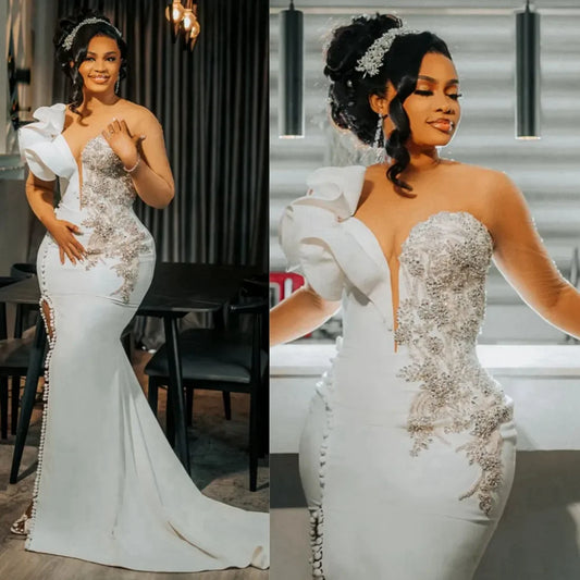 2025 Mermaid Wedding Dress for Bride Illusion Bridal Gowns Sheer Neck Long Sleeves Crystals Wedding Gowns for African Customized