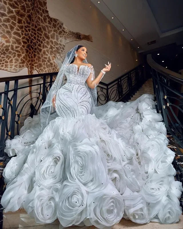 Customized Ebi White Mermaid Wedding Dress Beaded Crystals Lace Detachable Train Bridal Gowns Dresses