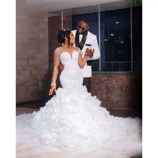 Customized Sparkly Heavy Pearls Beads Wedding Dress Open Back Arabic Bridal Gowns with Tires Ruffles Removable
