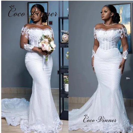 Customized Mermaid Wedding Dresses For Bride Women Elegant Sheer Long Sleeves Bridal Gowns Lace Vestido De Novia w1039