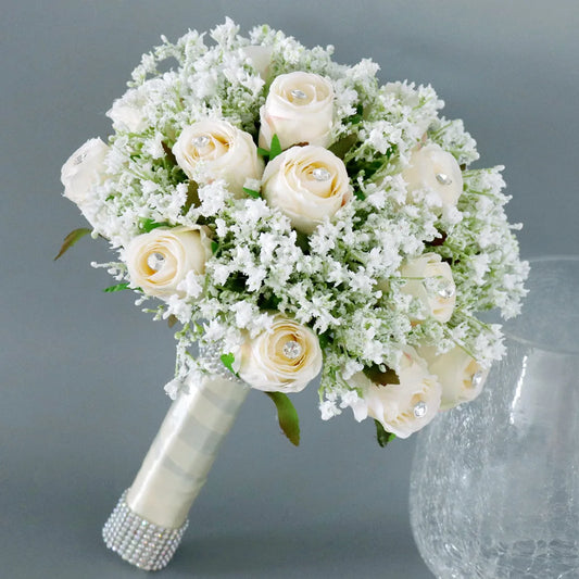 Modern Style Silk Rose Wedding Bouquets for Bridesmaid Fake Flowers PeralsBridal Bouquet Wedding Decor Champagne fleurs mariage