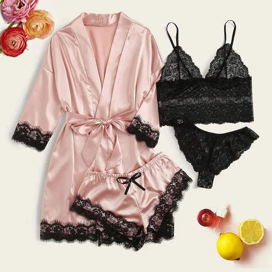 4 Pieces Woman Sleepwear Pajamas Ser With Robe Sexy Lace Lingerie Bathrobe Silk Satin Home Clothed Nightwear Robe