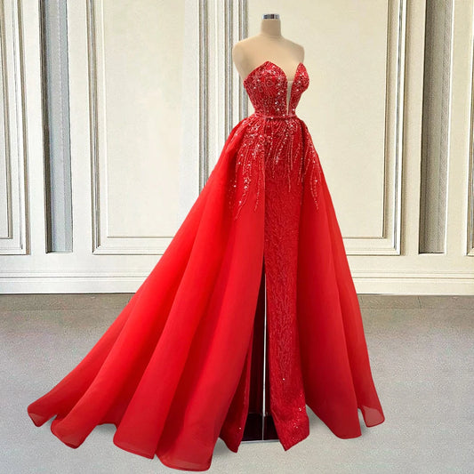Red Long Prom Dresses 2025 Ball Gown Luxury Sparkly Sequin Beaded Detachable Train Women Formal Evening Gowns for Wedding Party