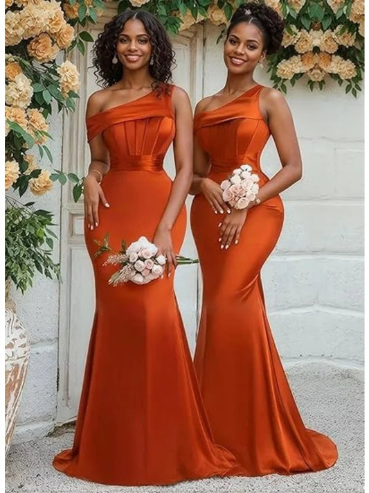 Mermaid One Shoulder Bridesmaid Dresses for Women Satin Long Corset Prom Dresses Formal Evening Gown
