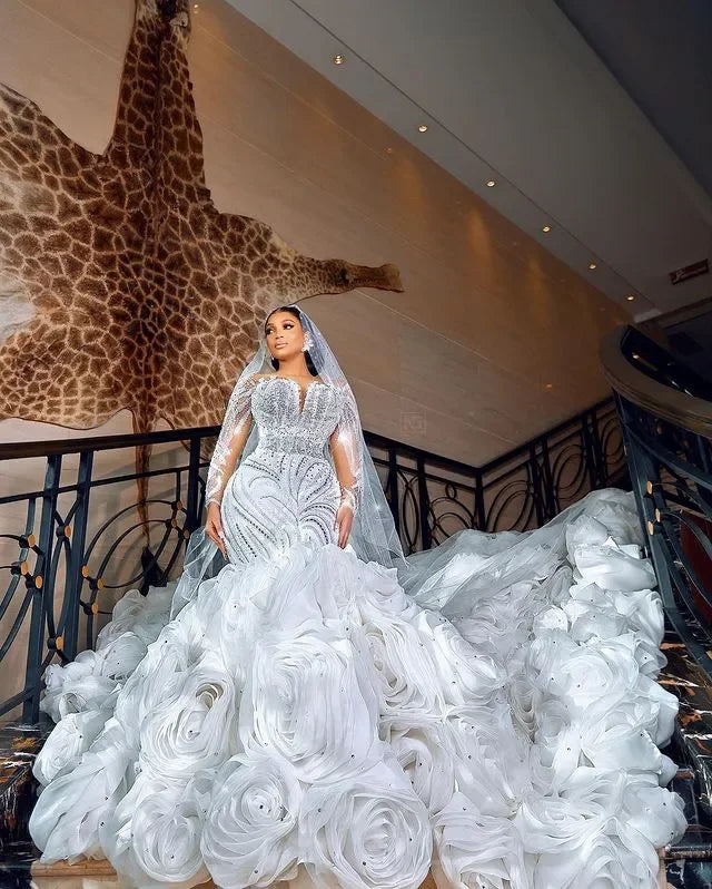 Customized Ebi White Mermaid Wedding Dress Beaded Crystals Lace Detachable Train Bridal Gowns Dresses
